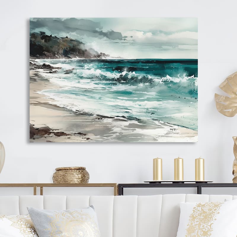 Designart "Coastal Waves V" Modern Landscape Beach Metal Wall Art Bed